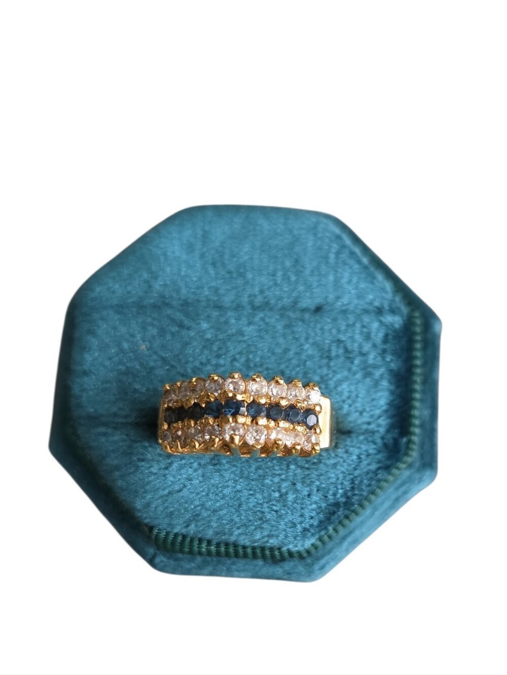 Vintage 8.5 14k HGE Gold-Tone Multi-Row Crystal Ring with Blue Accents